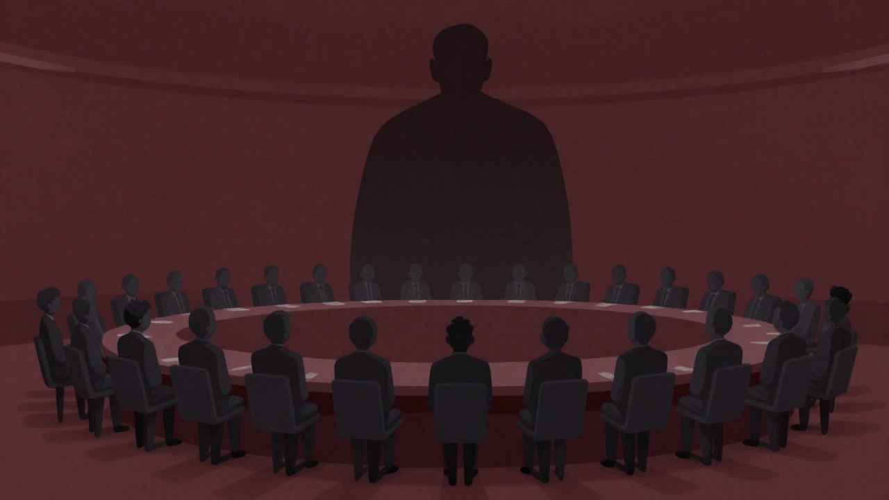 Silhouettes of people gathered with a looming central shadow towering behind them