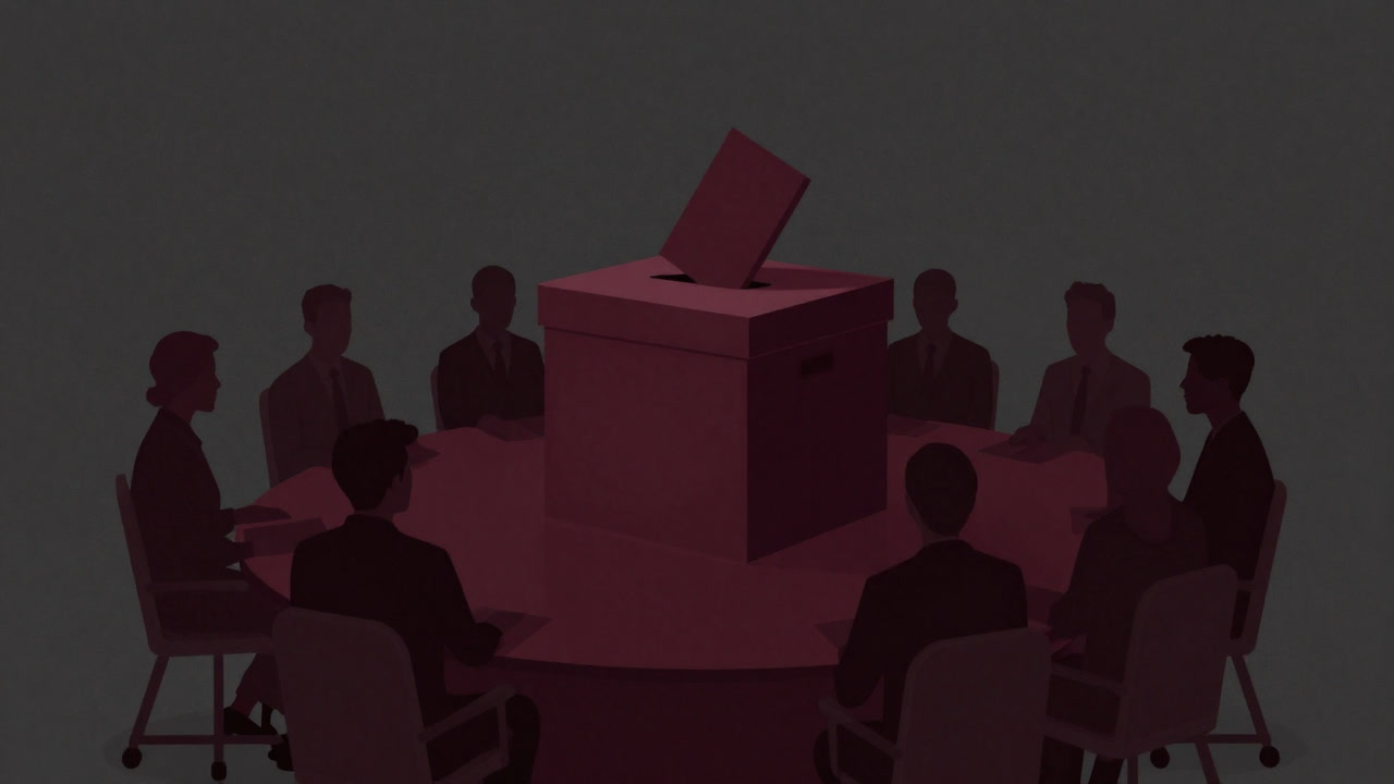 会議テーブルを取り囲む人々の影が、大きな投票箱に映るシルエット