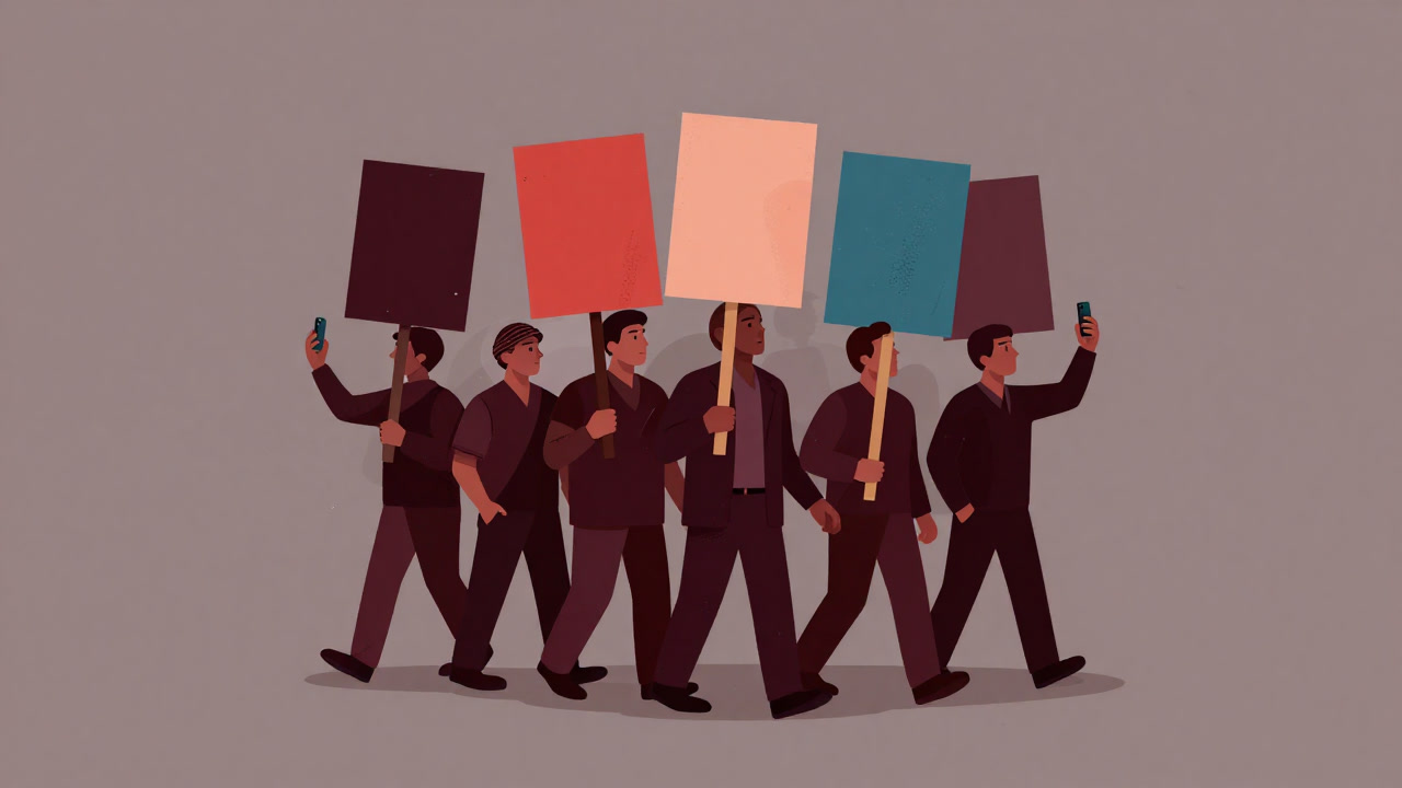 Silhouette of a protester taking a selfie against a wave of placards filling the street