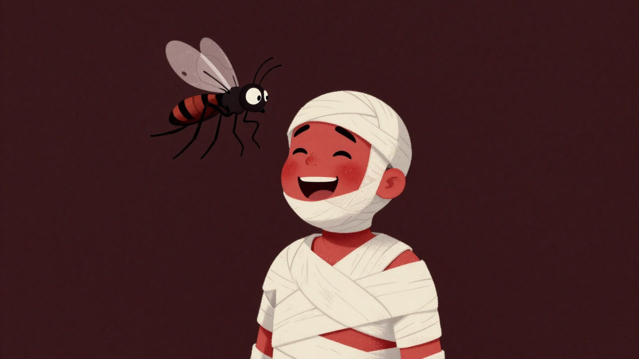 赤く腫れ上がった皮膚を包帯でぐるぐる巻きにされた人物と、それを笑い声を上げる蚊のイラスト
