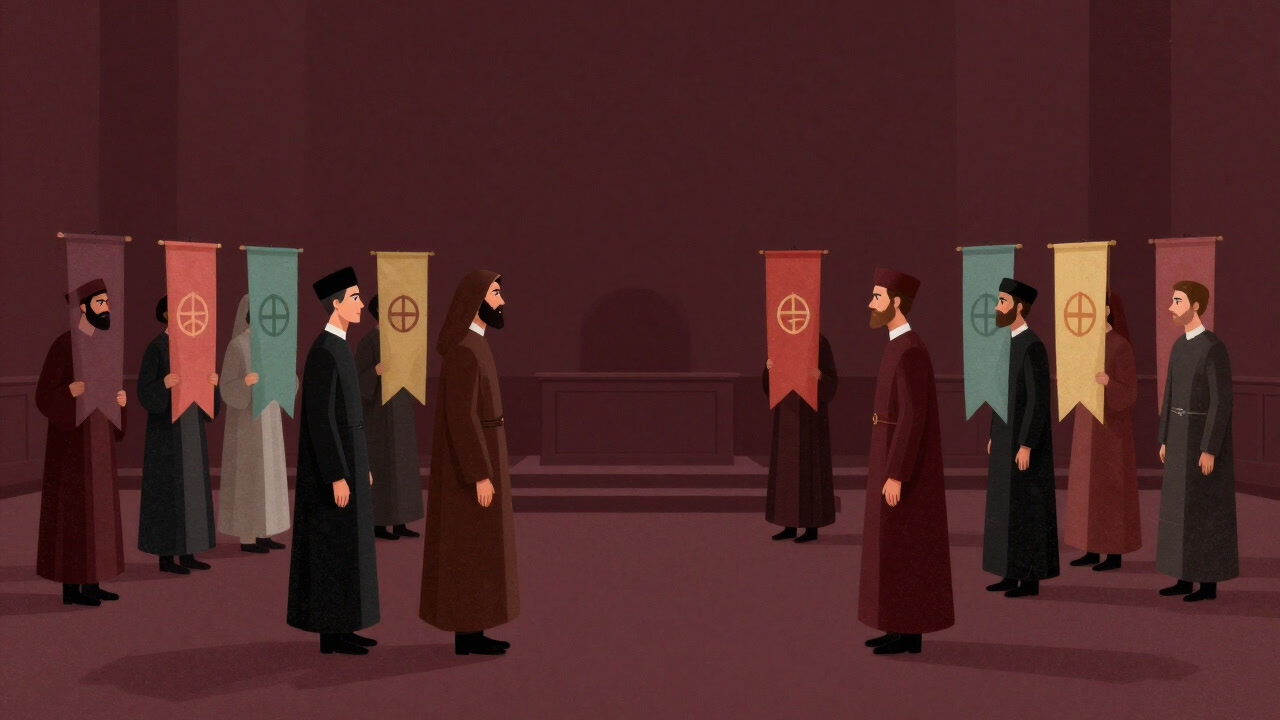 Illustration of a small gathering of sects waving colorful banners with different emblems, glaring at each other