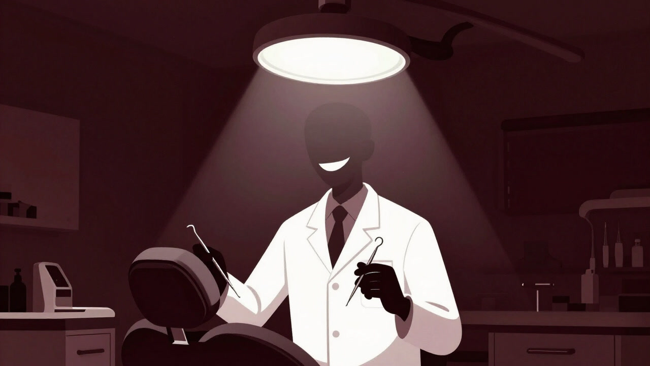 In a dimly lit dental clinic, a dentist silently smiles holding instruments under the overhead lamp