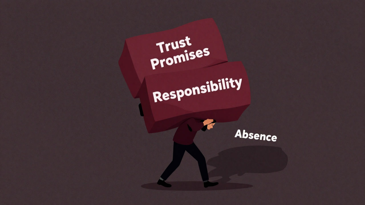 Illustration of a person bearing heavy loads labeled 'Trust', 'Promises', and 'Responsibility', oblivious to a small shadow labeled 'Absence' creeping up behind them.
