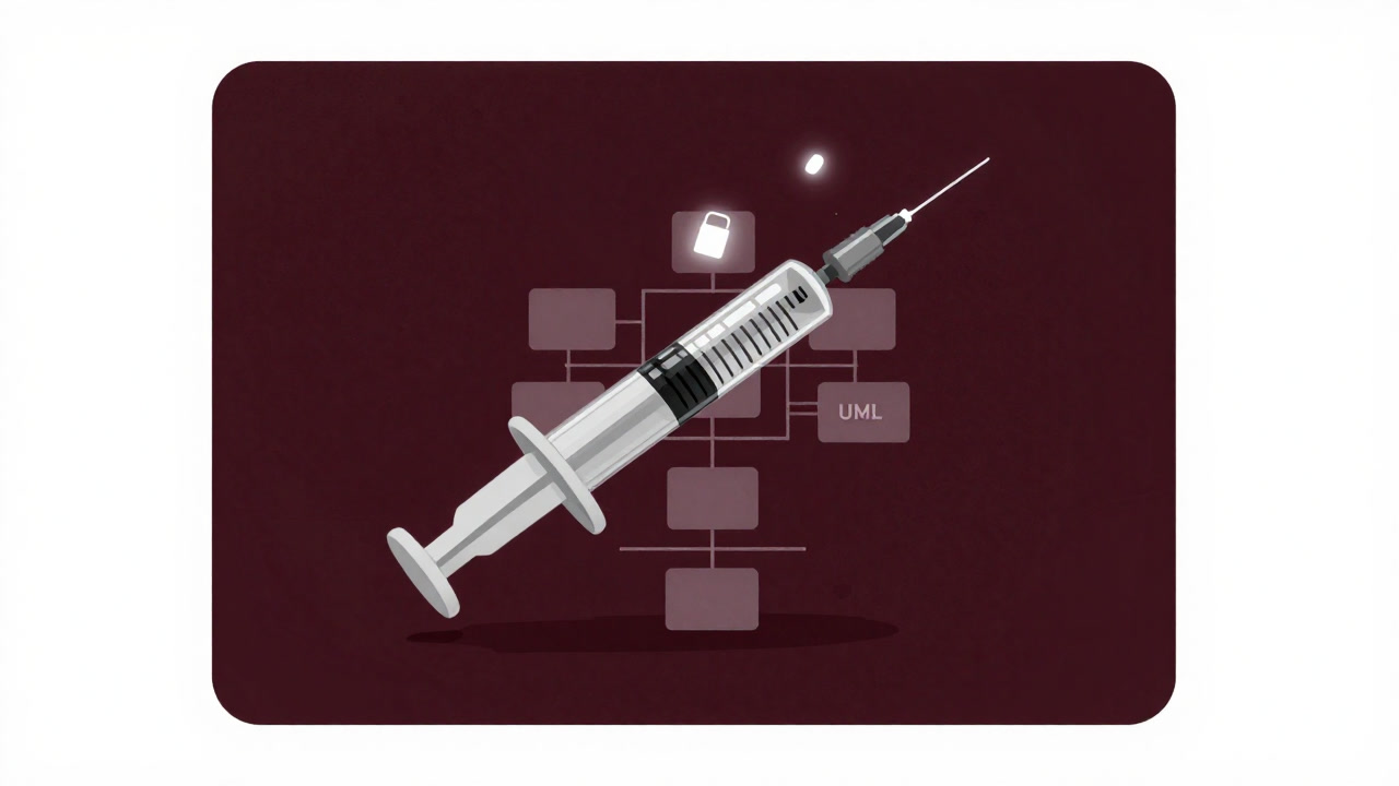 Image of a giant syringe dripping objects onto a UML class diagram