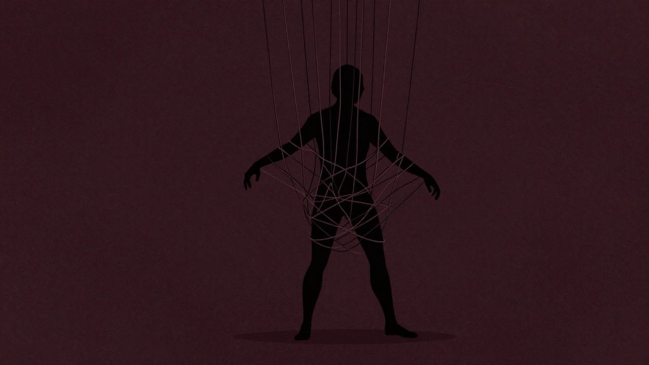 Silhouette of a person bound by invisible chains, tangled in countless strings like a puppet.