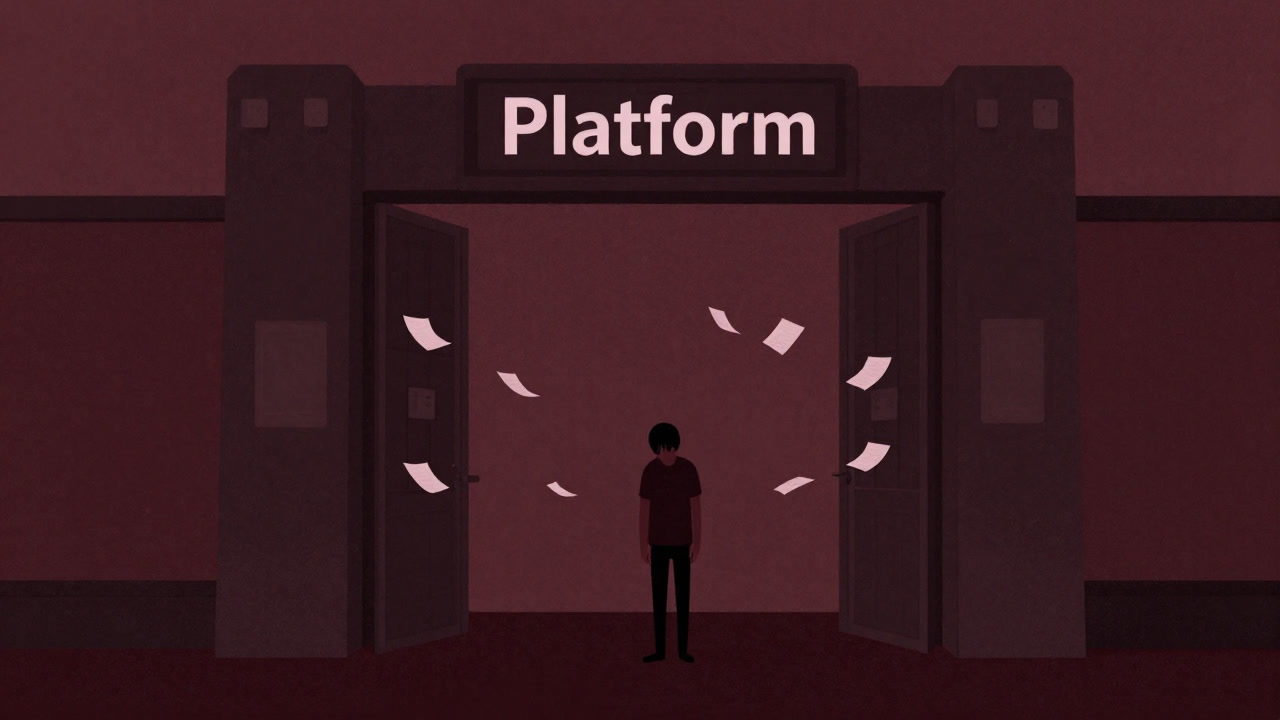 Illustration of a poster forlornly standing before a platform gate that is closing its doors.