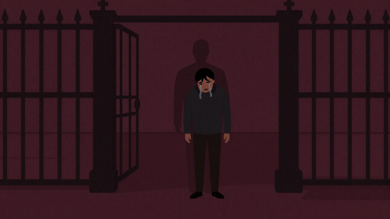 国境の鉄扉の前で泣き叫ぶ人物と、それを無表情に見つめる役人の影絵