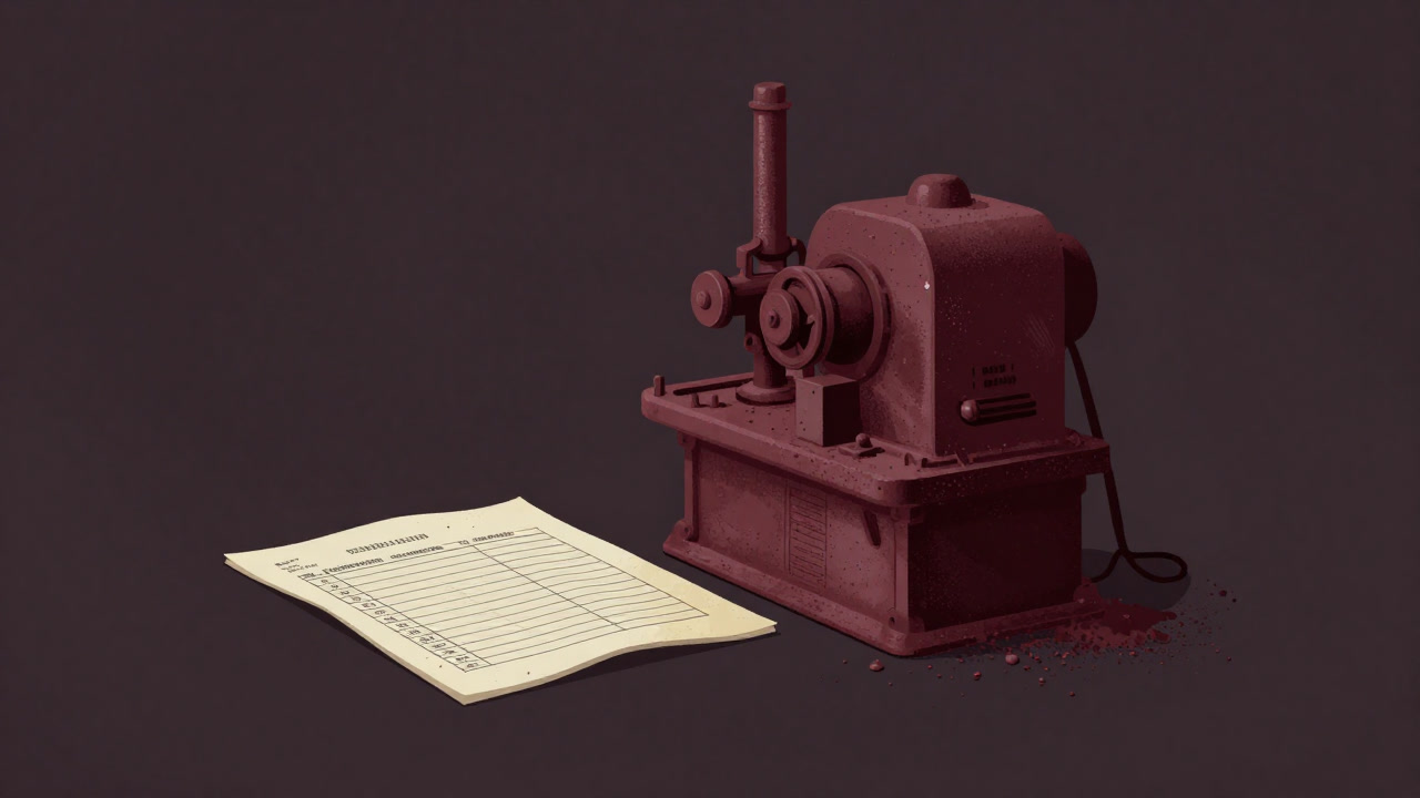 Illustration of an old machine covered in dust beside a ledger of fixed assets