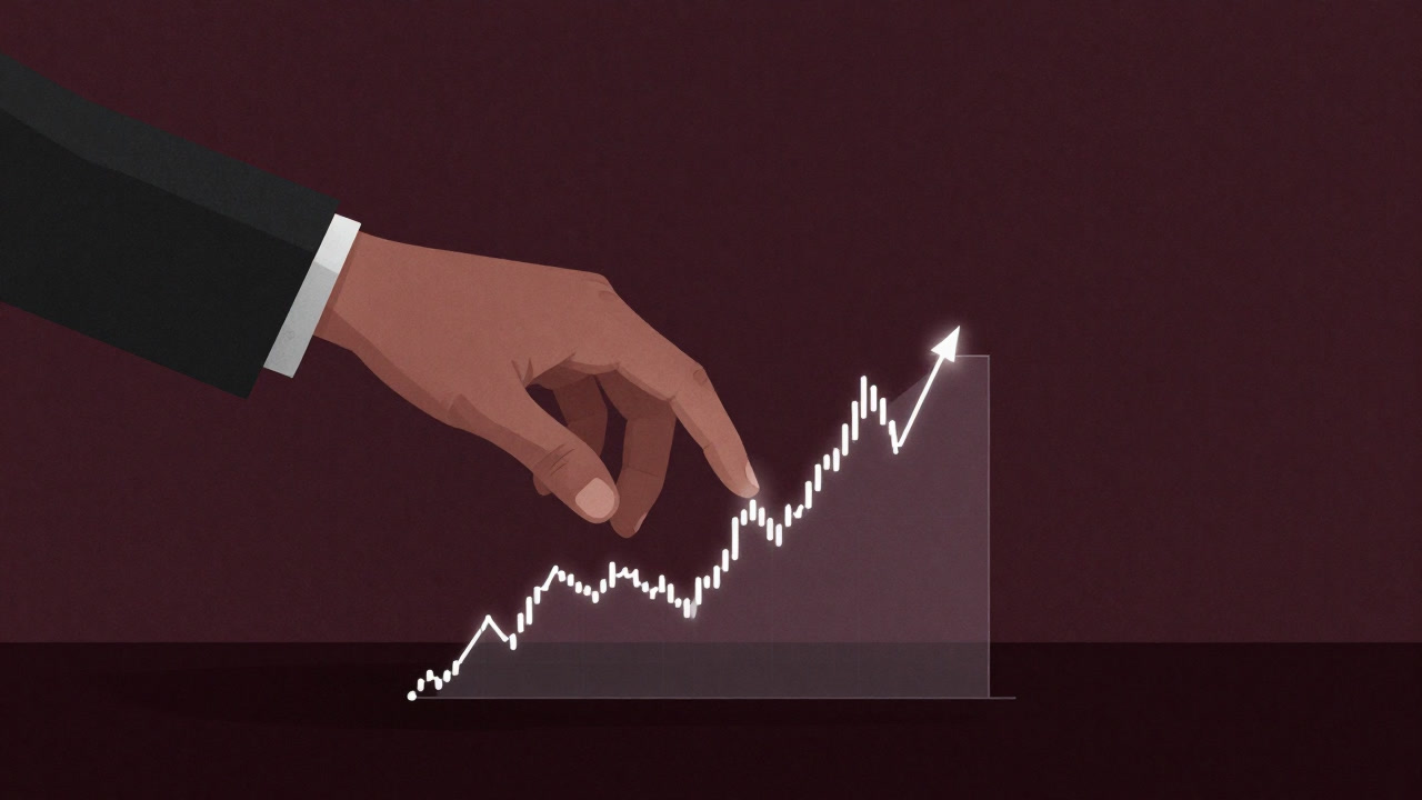 A trader's hand casting a spell in front of financial charts