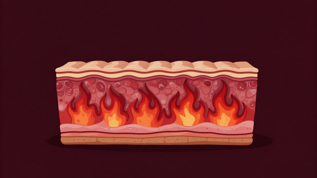 Illustration of skin cross-section with fiery red inflammation sparks
