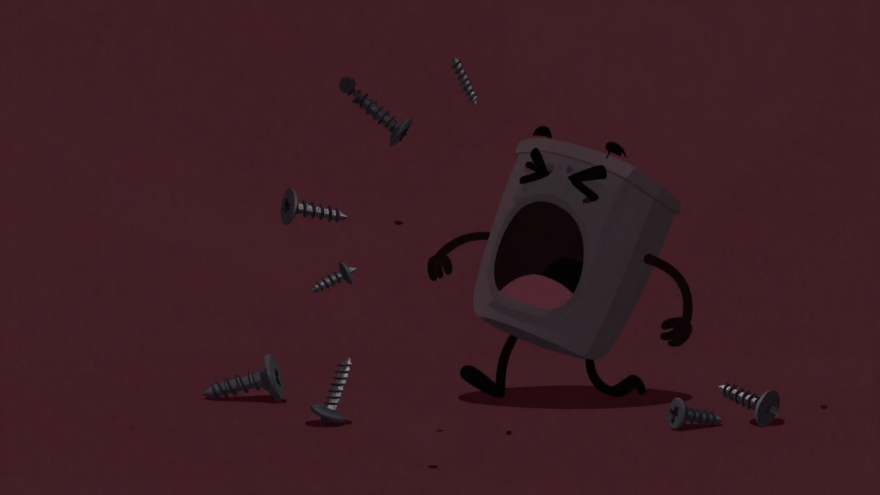 Illustration of a product screaming in agony as screws and parts are scattered everywhere.
