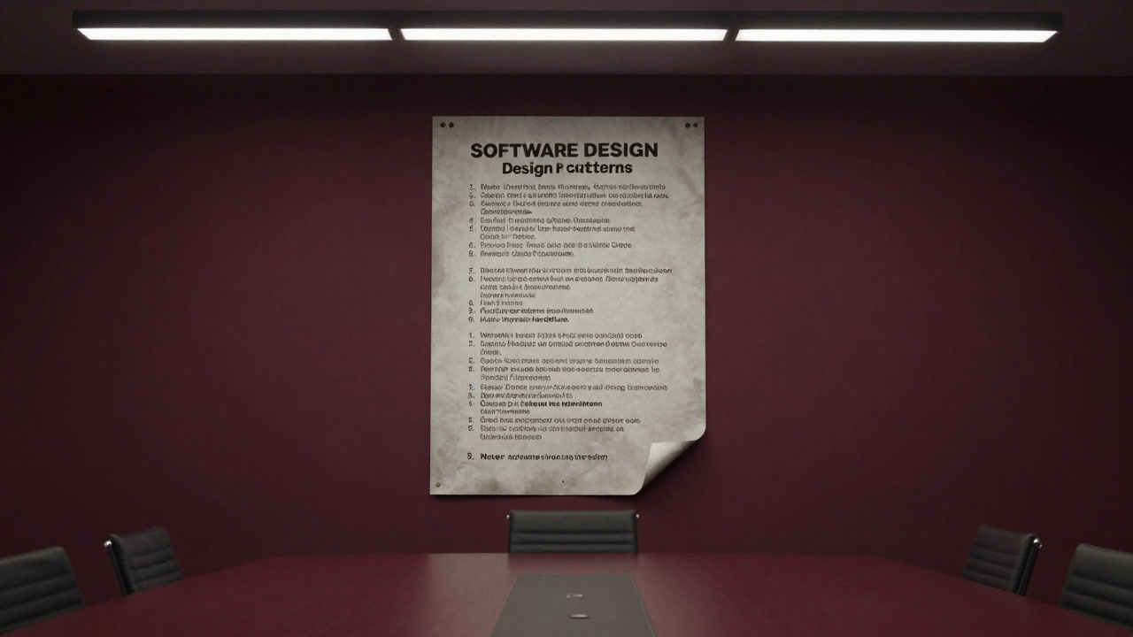 会議室の壁に貼られた古ぼけたデザインパターン一覧表のポスター