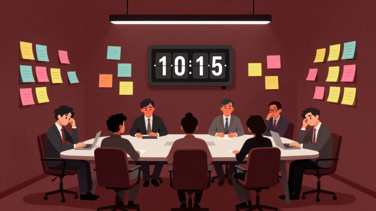 A weary team huddled around sticky notes and a timer in a meeting room