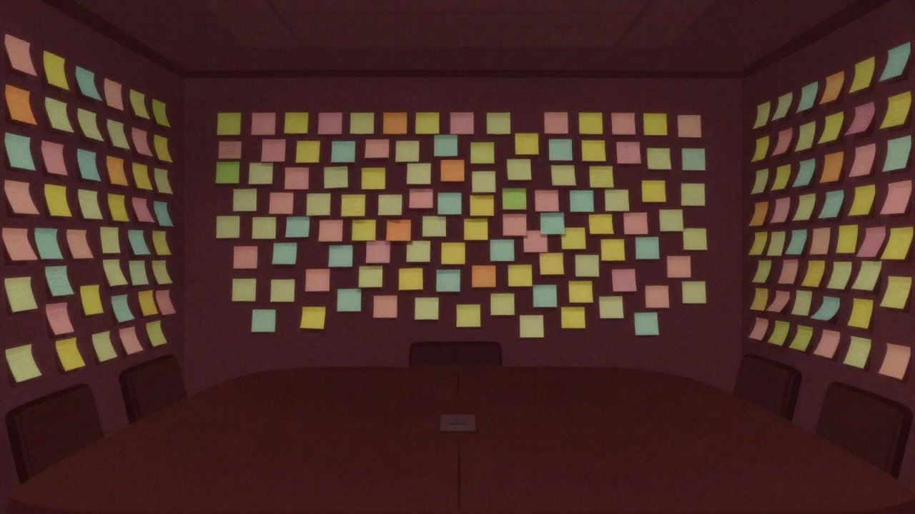 A conference room wall covered edge to edge with colorful sticky notes