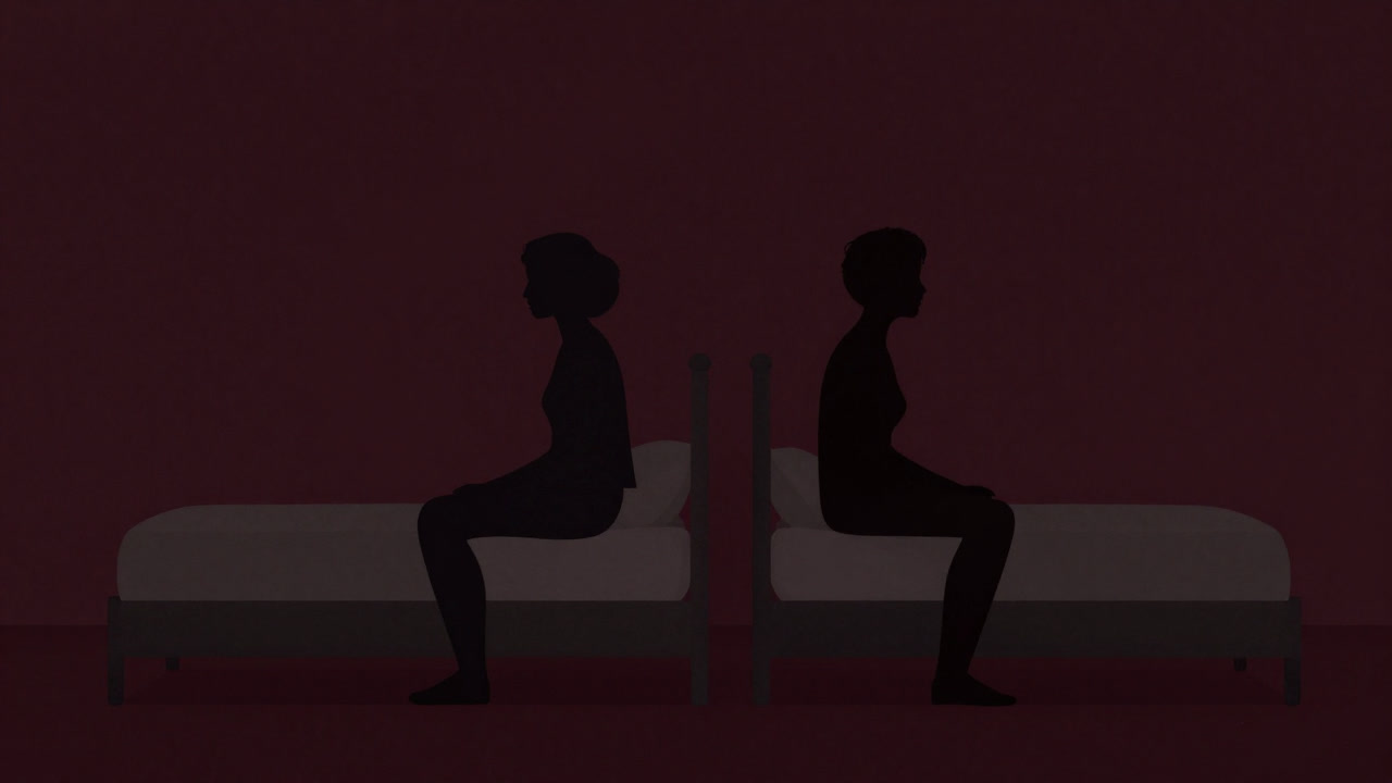 ベッドの上で大きな溝を挟んで座るカップルのシルエット