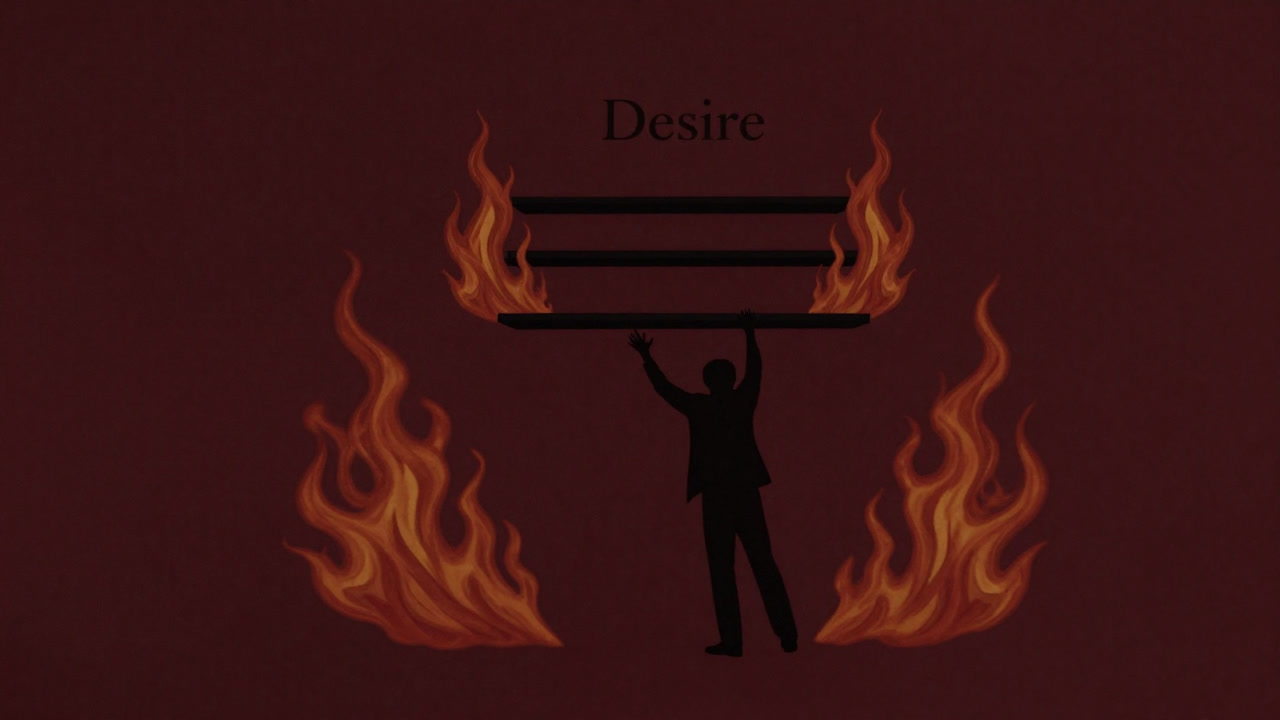 欲望という名の炎が渦巻く空間で、手が届かない棚に手を伸ばす影のシルエット