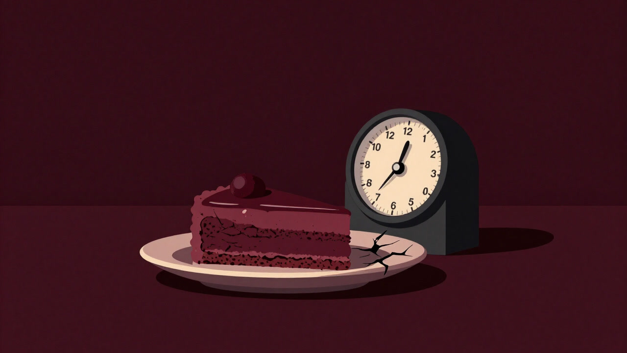 Photo of a cake shimmering under lights on a post-meal table.