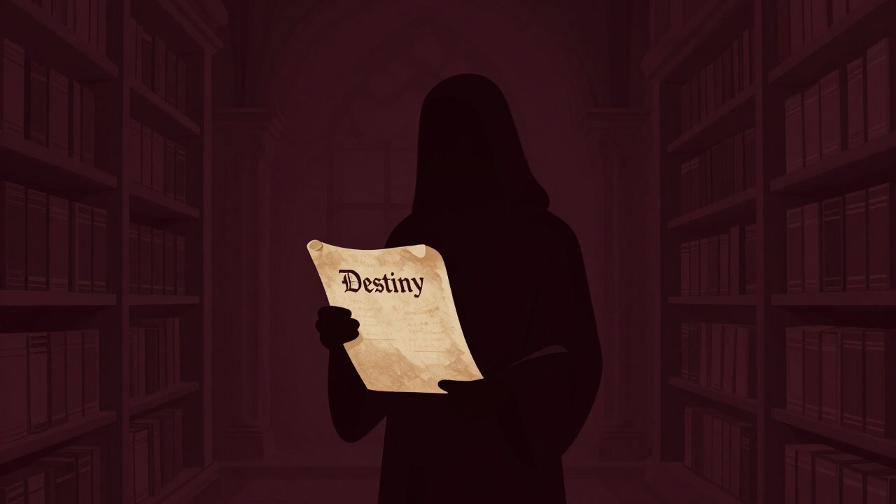 Illustration of a solemn gentleman holding a destiny document in a dimly lit library.