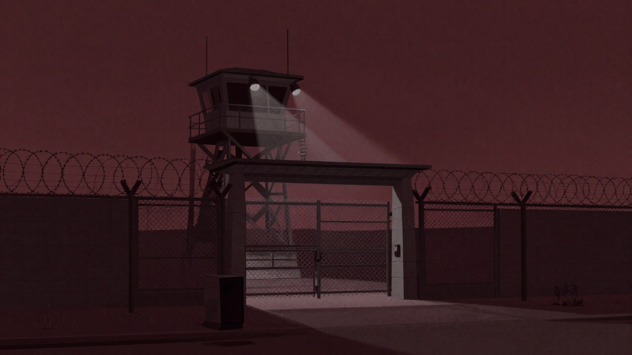 鋭い監視カメラの光が暗いフェンス越しに囚人の影を照らす収容所の入口風景