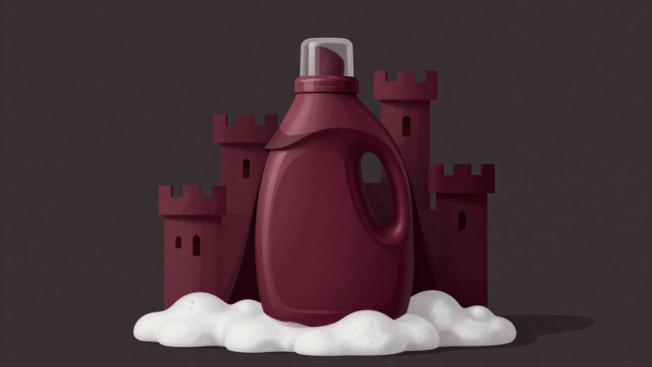 An illustration of a detergent bottle standing proudly wrapped in giant suds