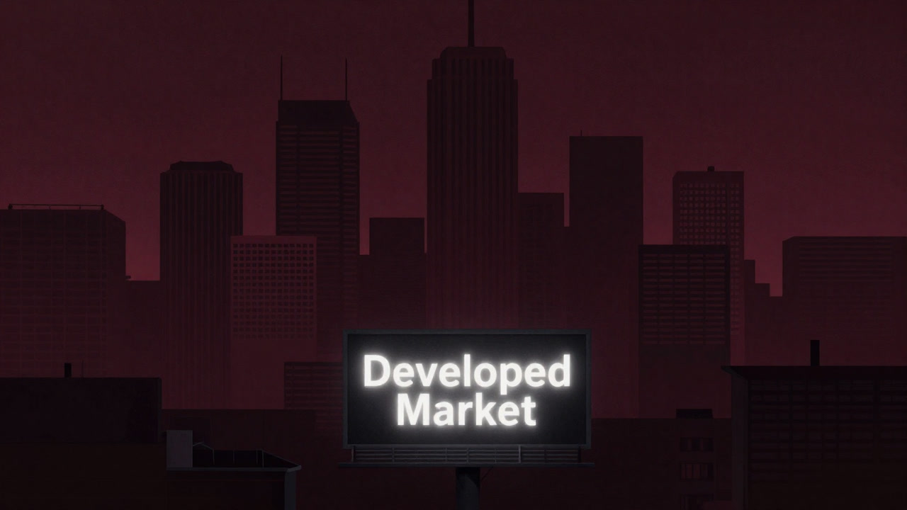 A nighttime cityscape with skyscrapers in the background, a dull glowing billboard reading 'Developed Market' swaying emptily
