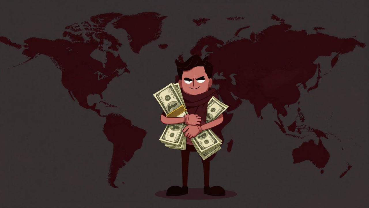 Illustration of a world map hugging bundles of cash with a smiling face.