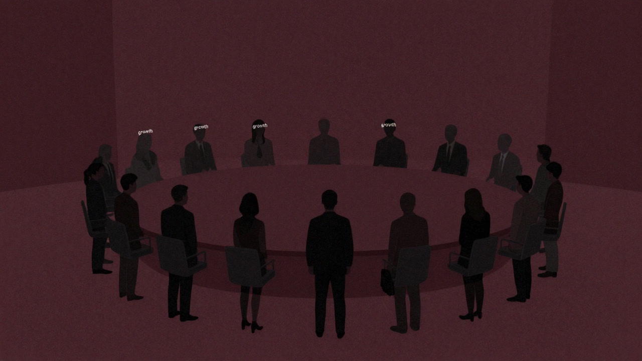 Silhouette of employees forming a circle in a conference room chanting 'growth' repeatedly.