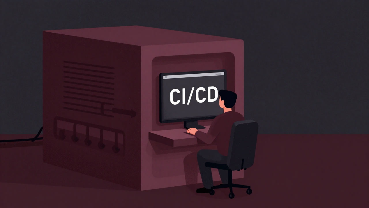 巨大なパイプラインマシンにコードを捧げる開発者のシルエット