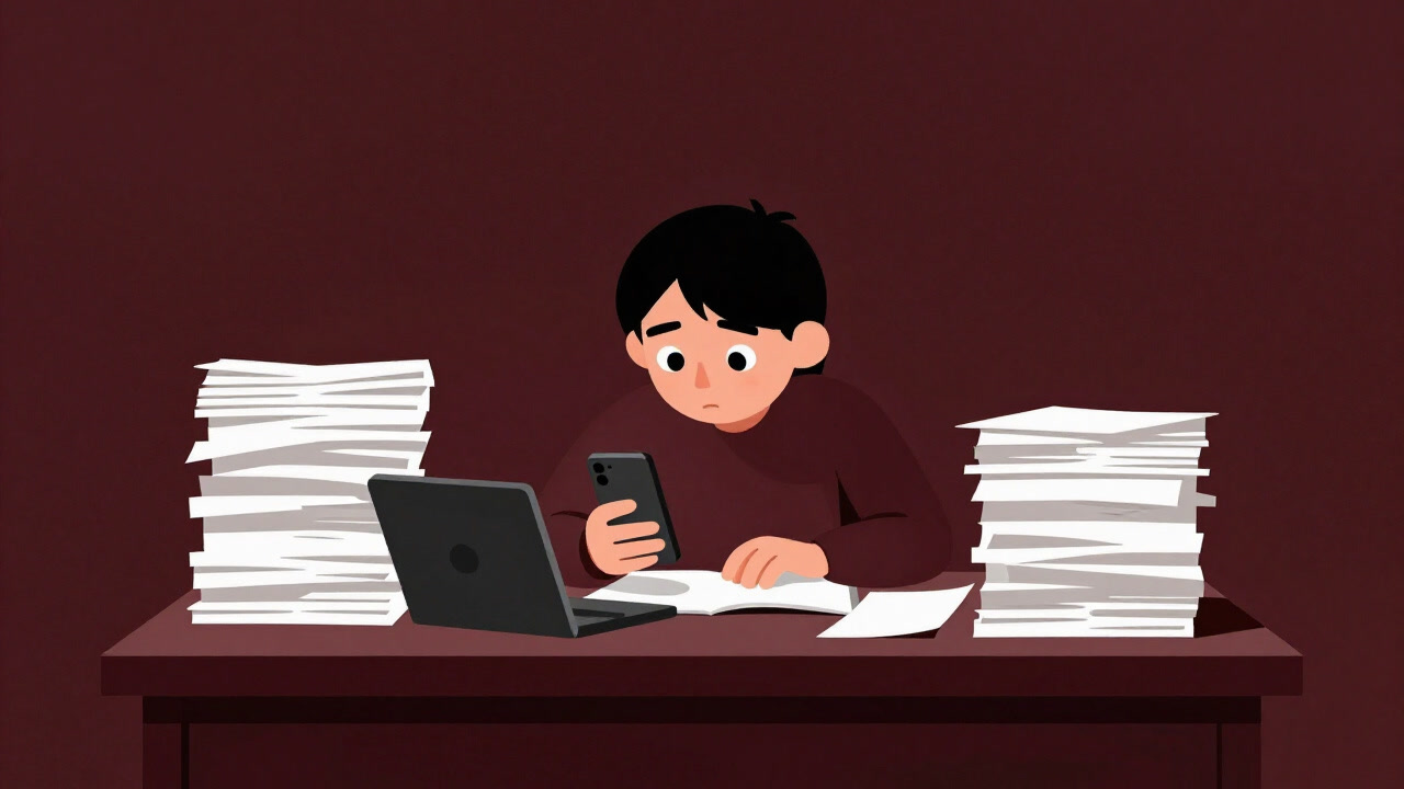 Illustration of a person at a desk whose gaze shifts between towering piles of papers and a smartphone