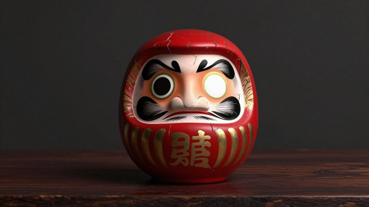 Photo of a daruma bound by vows drawn only in ink on paper.