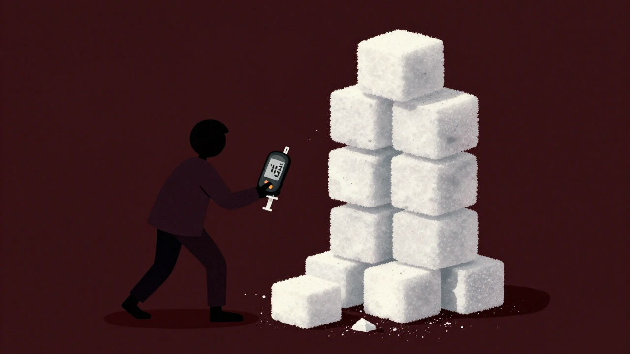 血糖値を示す測定器と大量の砂糖の塔に押しつぶされそうな人のシルエットのイラスト