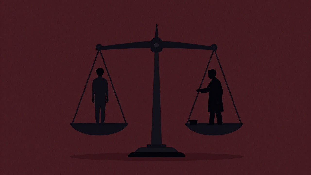 An image of a patient standing on a giant scale while a doctor's silhouette tilts it.