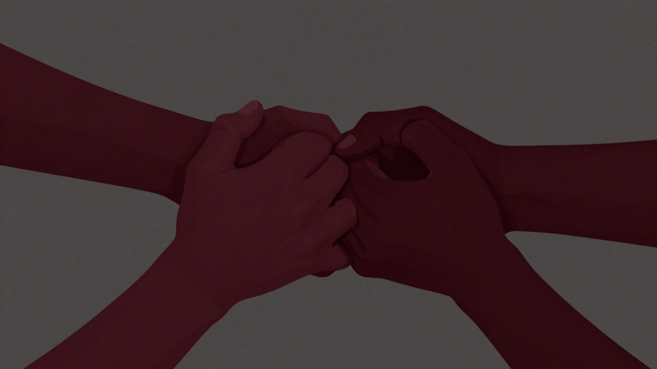 Illustration of two opposing hands entwined infinitely, forming an unbreakable knot