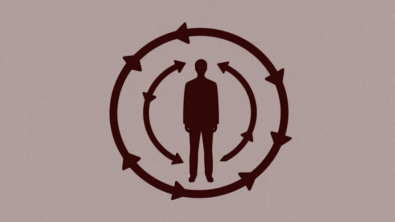 Silhouette of a person interrogating themselves surrounded by arrows forming an infinite loop