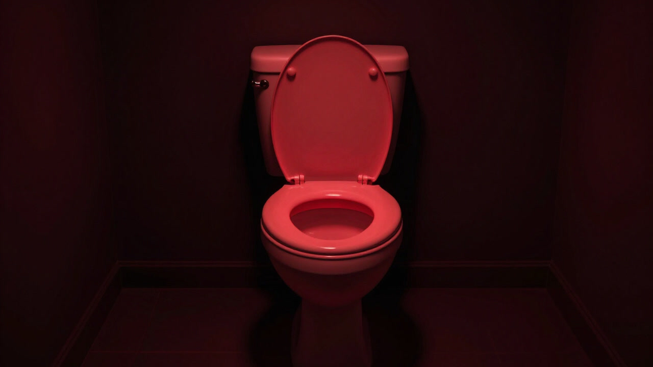 A toilet seat glowing red like an emergency light in the dark