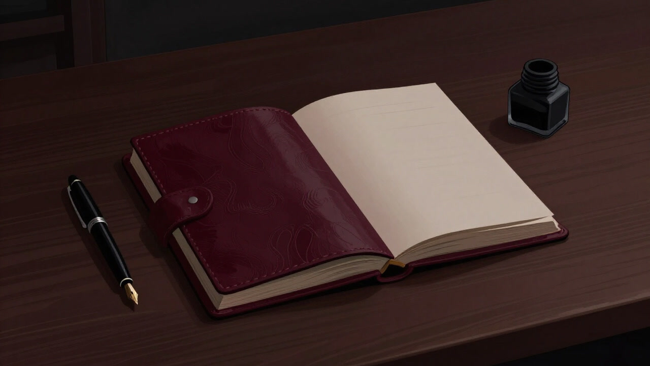 An old journal and fountain pen on a desk in a dimly lit room, the pen’s nib illuminated by a single ray of light.