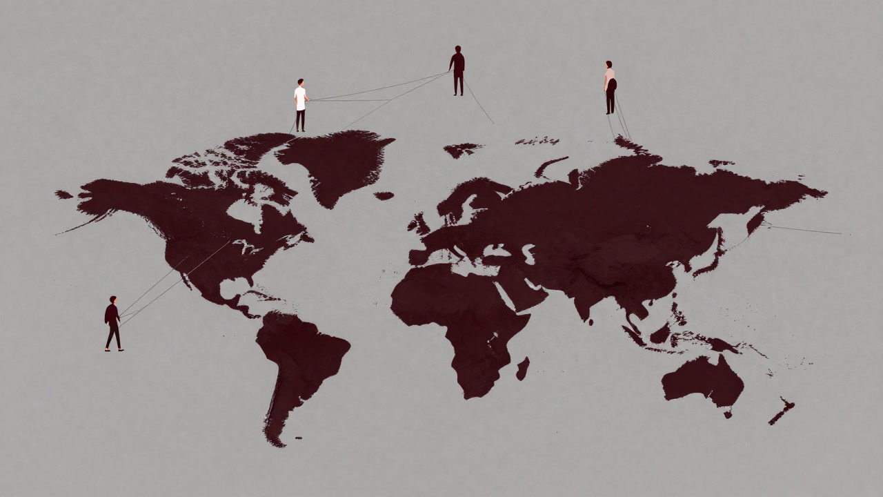 点在する人々が地図上にバラ撒かれ、見えない糸で故郷とつながれているイラスト