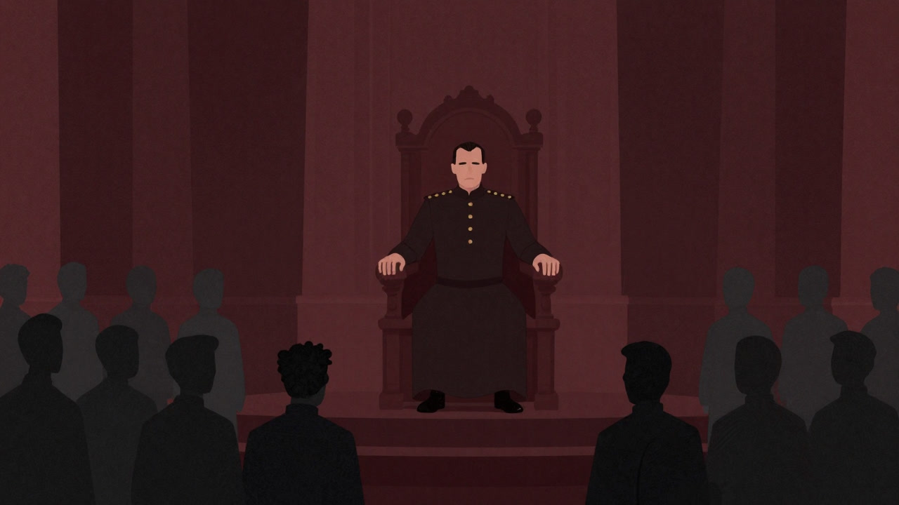 A shadowy illustration of a dictator seated alone on a dark throne, looking down on citizens