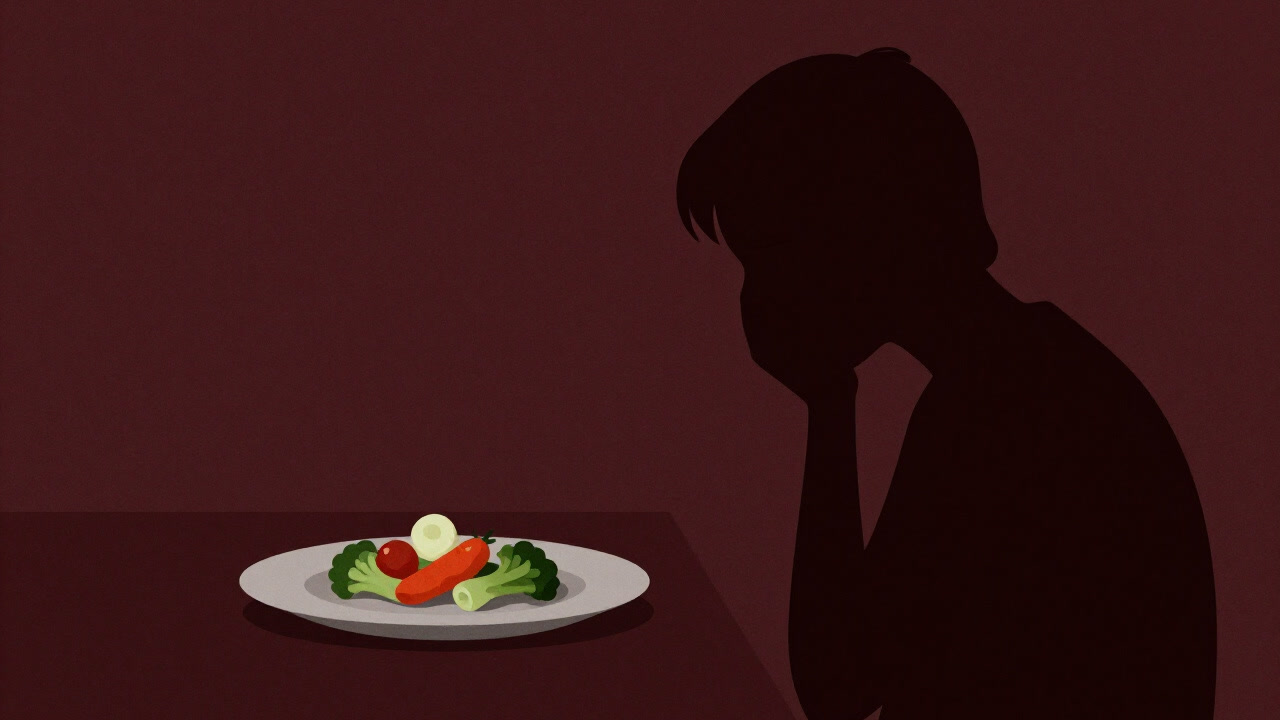 皿の上に少量の野菜を見つめ、ため息をつく人物の影絵