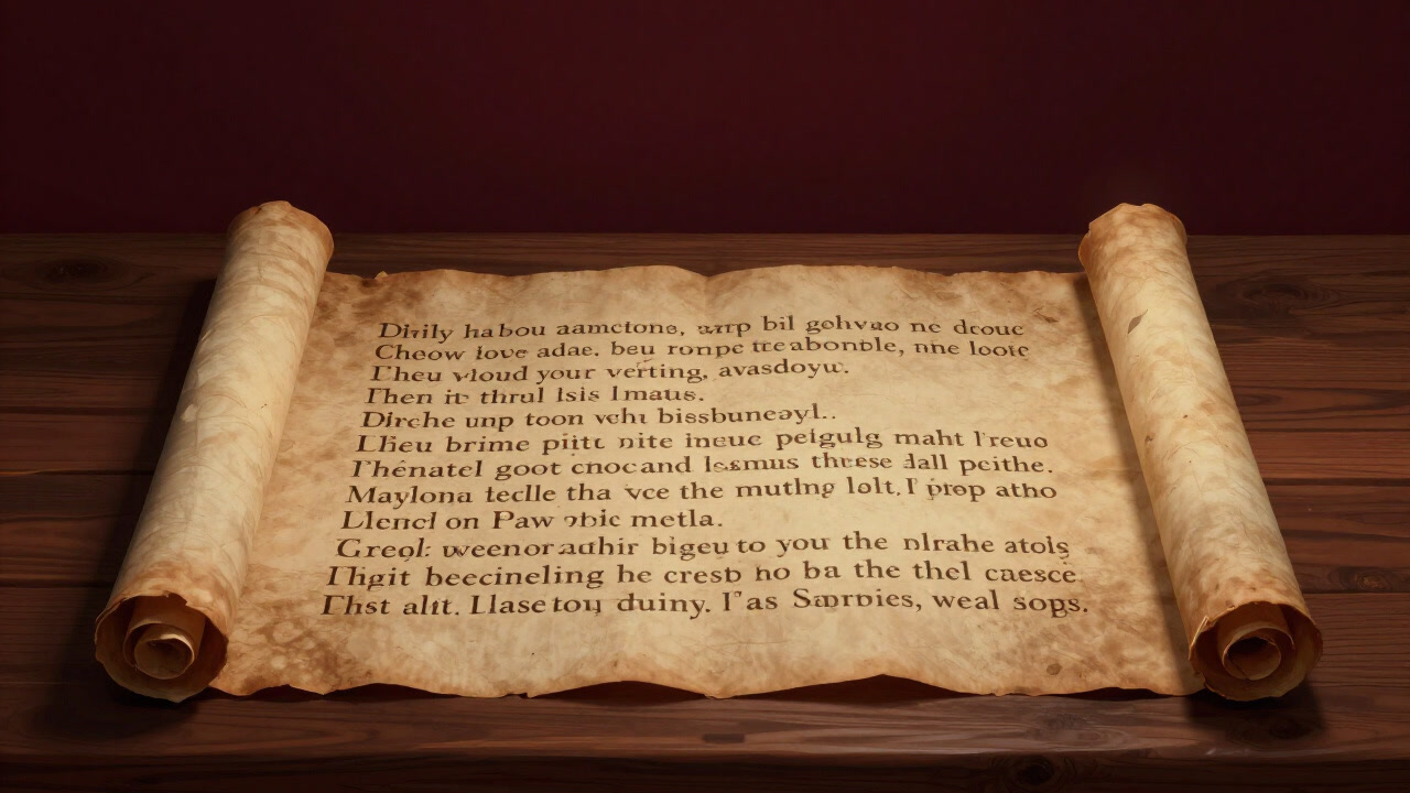 An ancient parchment scroll of dietary commandments laid on a table, illuminated by flickering candlelight.