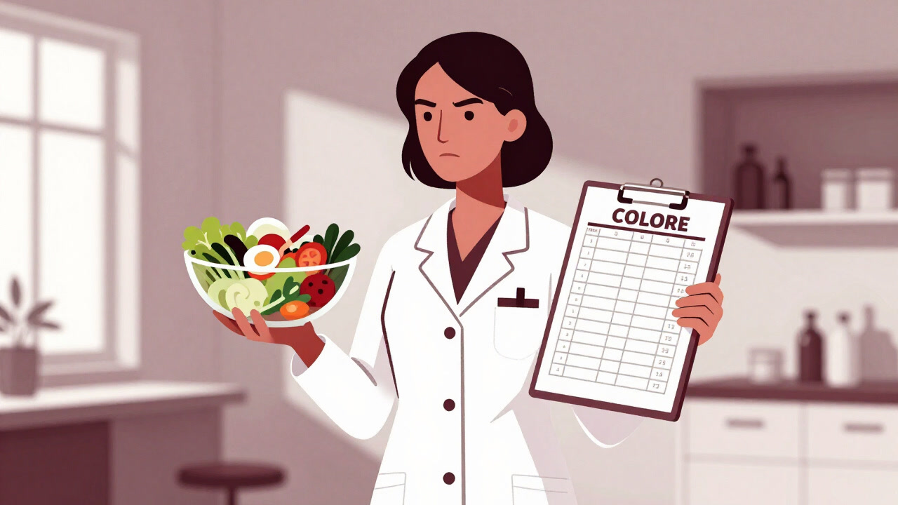 A dietitian holding a large salad bowl and staring sternly at a calorie chart.