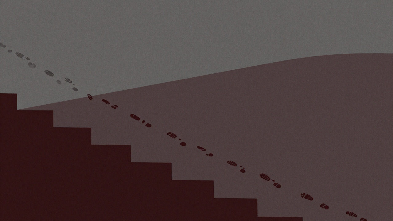 階段状に並んだ足跡が無限に消えていく白黒の抽象的なイメージ