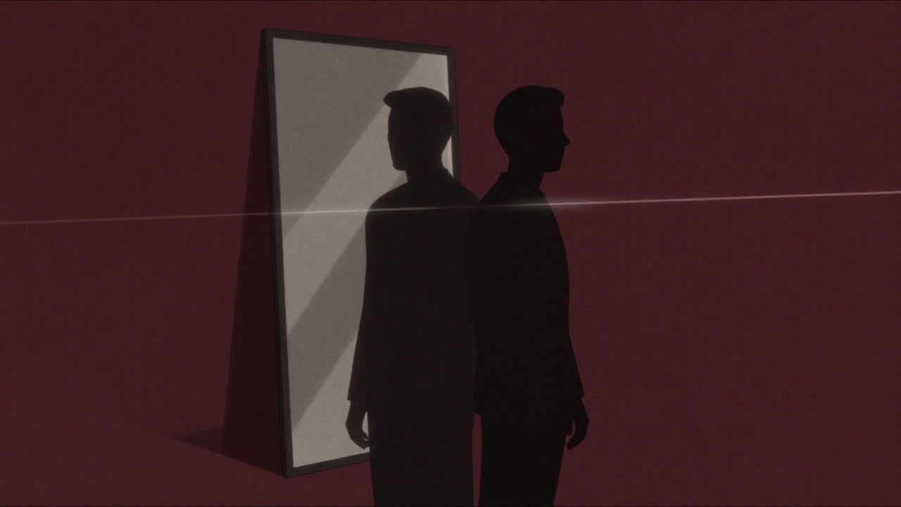 Abstract artwork of two silhouettes standing back-to-back before a mirror, separated by a faint boundary line