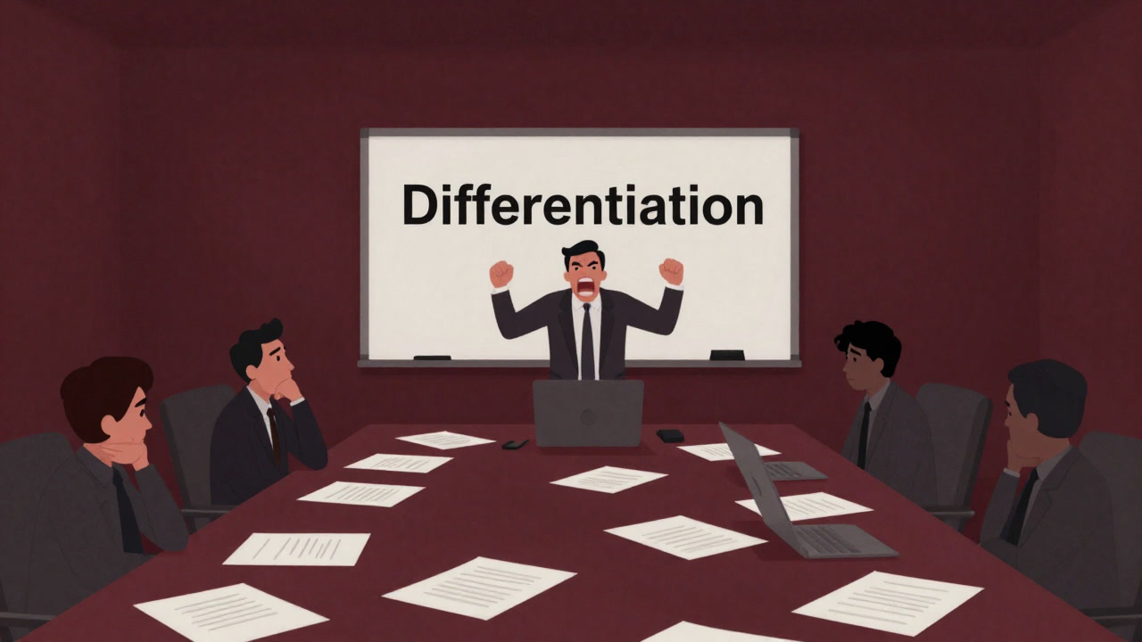 Illustration of a conference room cluttered with documents, with a manager yelling 'Differentiation' at a whiteboard as employees glare