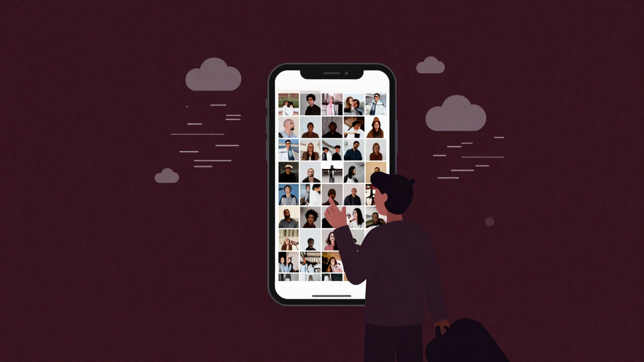 スマートフォンとクラウドアイコンに囲まれた写真アルバムのイラスト