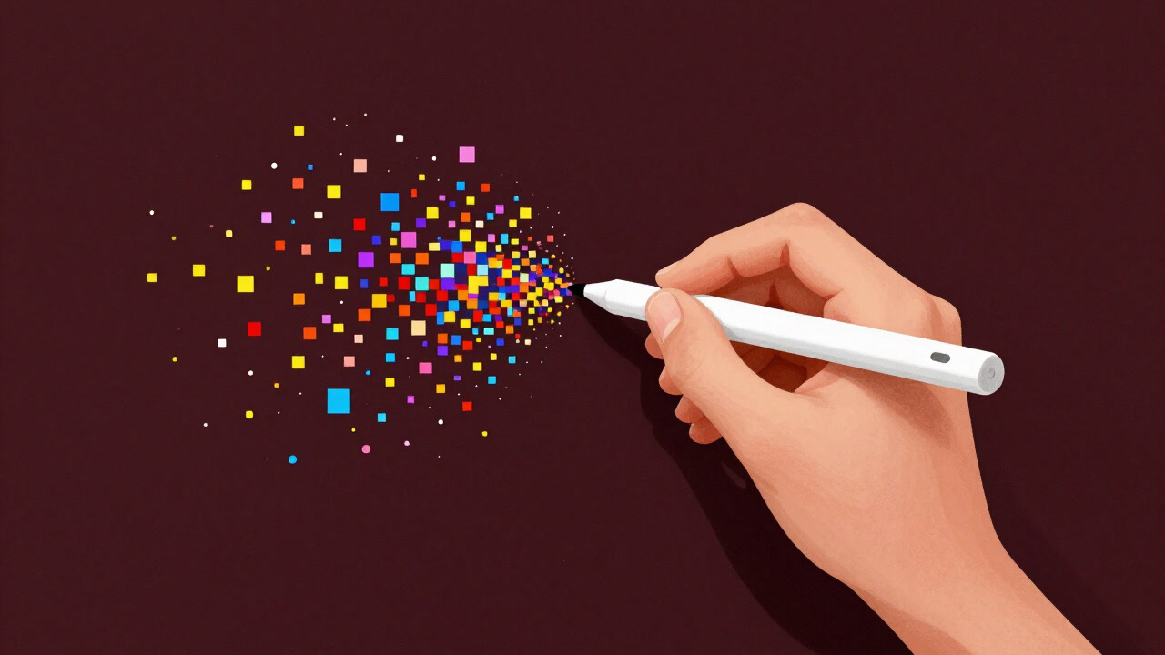 カラフルなピクセルが無秩序に散りばめられたキャンバスを前に、筆を持つ手がデジタルと現実の境界を探っているようなイメージ