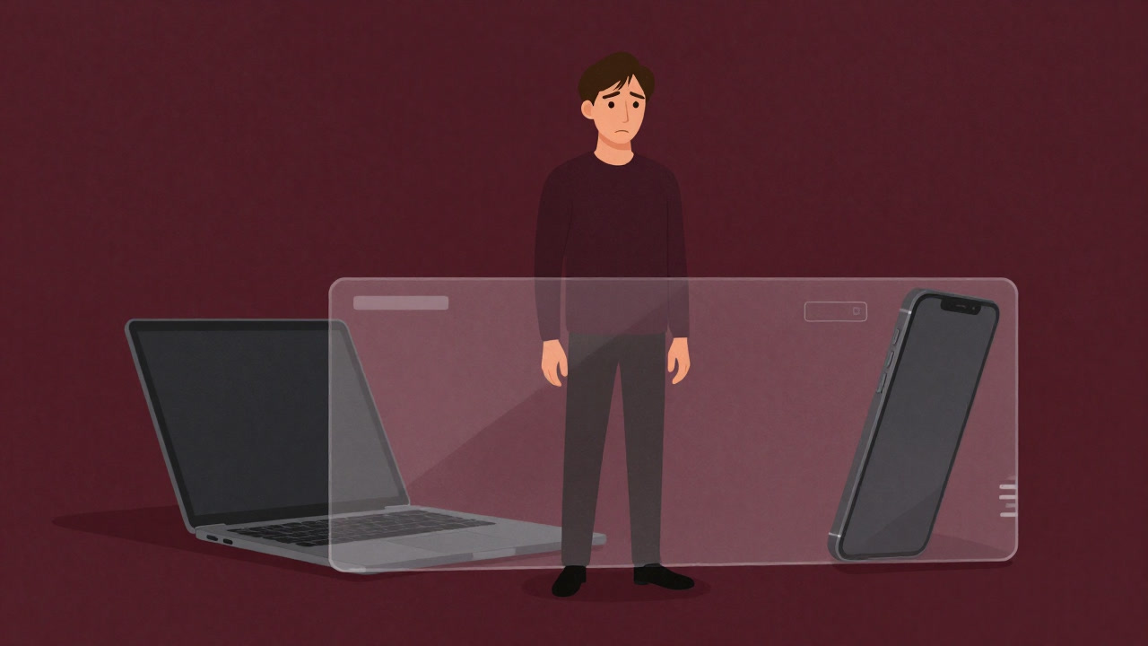 ノートPCとスマホの間に透明のバリケードが立ちはだかり、ユーザーが困惑して立ちすくむ様子。