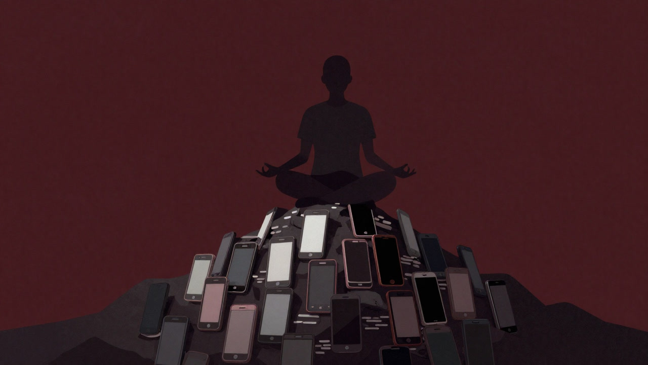 Illustration of a person meditating atop a pile of smartphones.