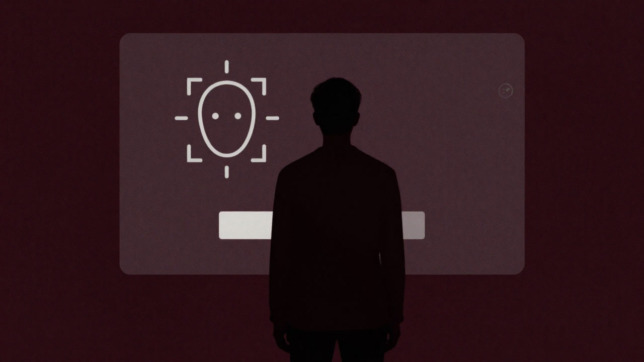 ログイン画面の前で顔認証を待つ無表情の人物のシルエット