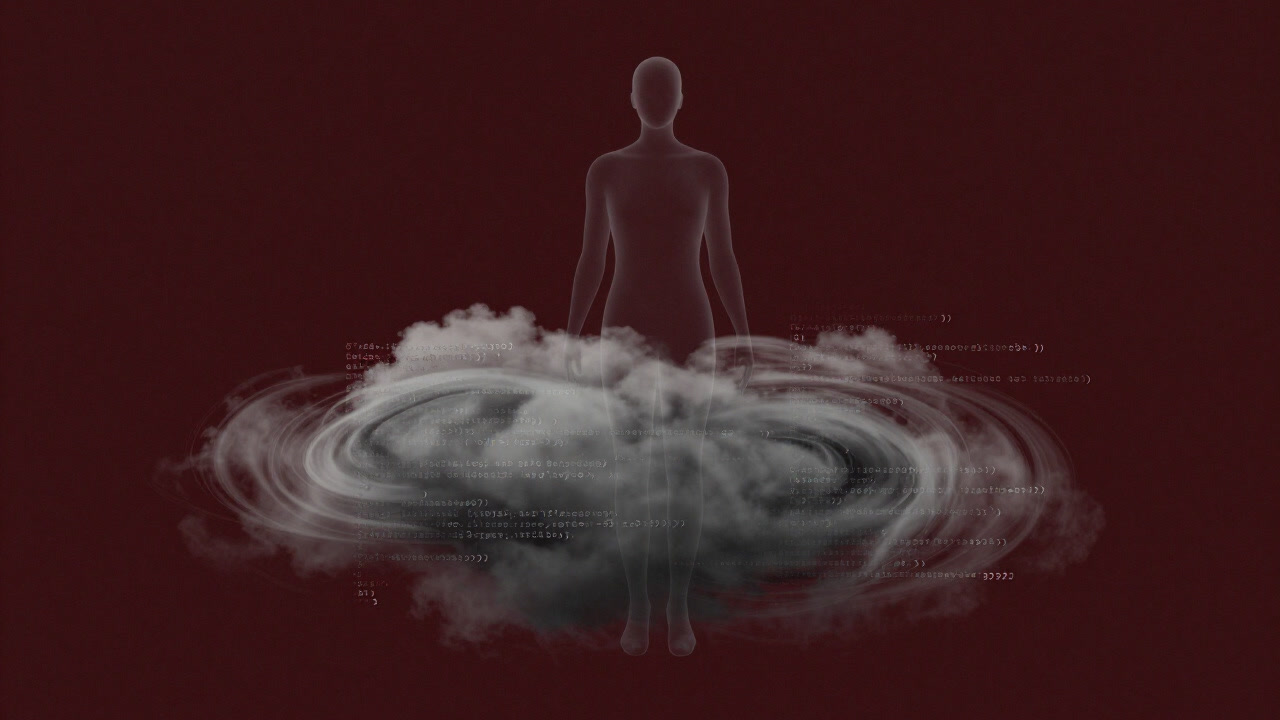 Image of a translucent human silhouette floating above a swirling cloud of code